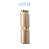 Elegant beauty product display of Laneige serum with gold packaging and informational text layout.