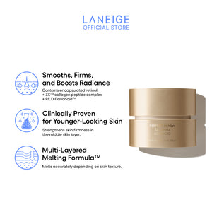 Key benefits of Laneige 3X Cream Advanced including firming peptides, encapsulated retinol, and melting formula for smoother, radiant skin.