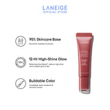 A tube of Laneige Glaze Craze Tinted Lip Serum in Cinnamon Sugar sits upright against a white background, showcasing its rose-toned color and highlighting the product's 12-hour high-shine glow and buildable color.
