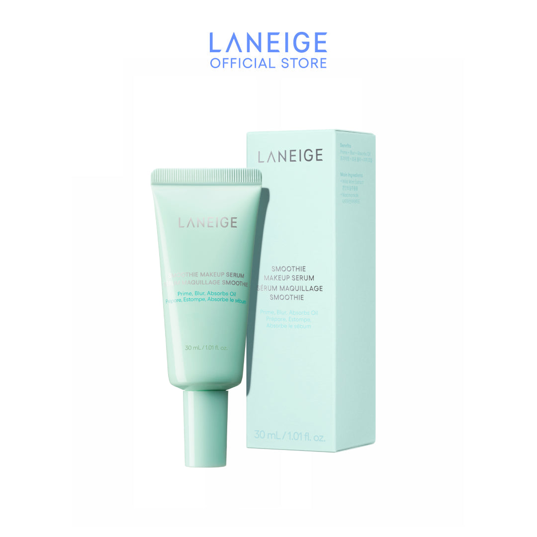A light teal tube of Laneige Smoothie Makeup Serum sits upright against its matching box, showcasing the product's pore-blurring and hydrating benefits as a serum primer.