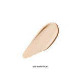 A swatch of Laneige Neo Cushion Matte foundation in 17W Warm Ivory showcases its smooth, creamy texture and light beige shade, promising a flawless, 24-hour complexion.