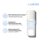 A bottle of Laneige Cream Skin Zincpeptide 2-in-1 Toner & Gel Moisturizer is shown, highlighting its feather-light texture and matte finish ideal for dehydrated oily skin, promising 12-hour oil control without dryness.