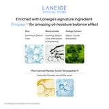 Close-up shots showcase the key ingredients—Zinc, Niacinamide, and Ginkgo Extract—of Laneige's Cream Skin Zincpeptide 2-in-1 Toner & Gel Moisturizer, highlighting their respective benefits for soothing, sebum control, and brightening.