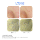 A before-and-after image shows a visible reduction in pore size after four weeks of using Laneige's Cream Skin Zincpeptide 2-in-1 Toner & Gel Moisturizer, as demonstrated by a clinical study.
