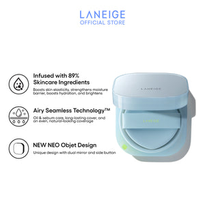A pale blue Laneige NEO Cushion Mewy refill compact is shown open, revealing its cushion and showcasing its unique dual mirror and side button design, highlighting its airy seamless technology and 89% skincare ingredients for a flawless, long-lasting complexion.