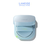 A pale blue Laneige Neo Cushion Mewy refill case is shown open, displaying a light blue cushion puff and showcasing its lightweight, full-coverage formula designed for a flawless, 24-hour lasting complexion.