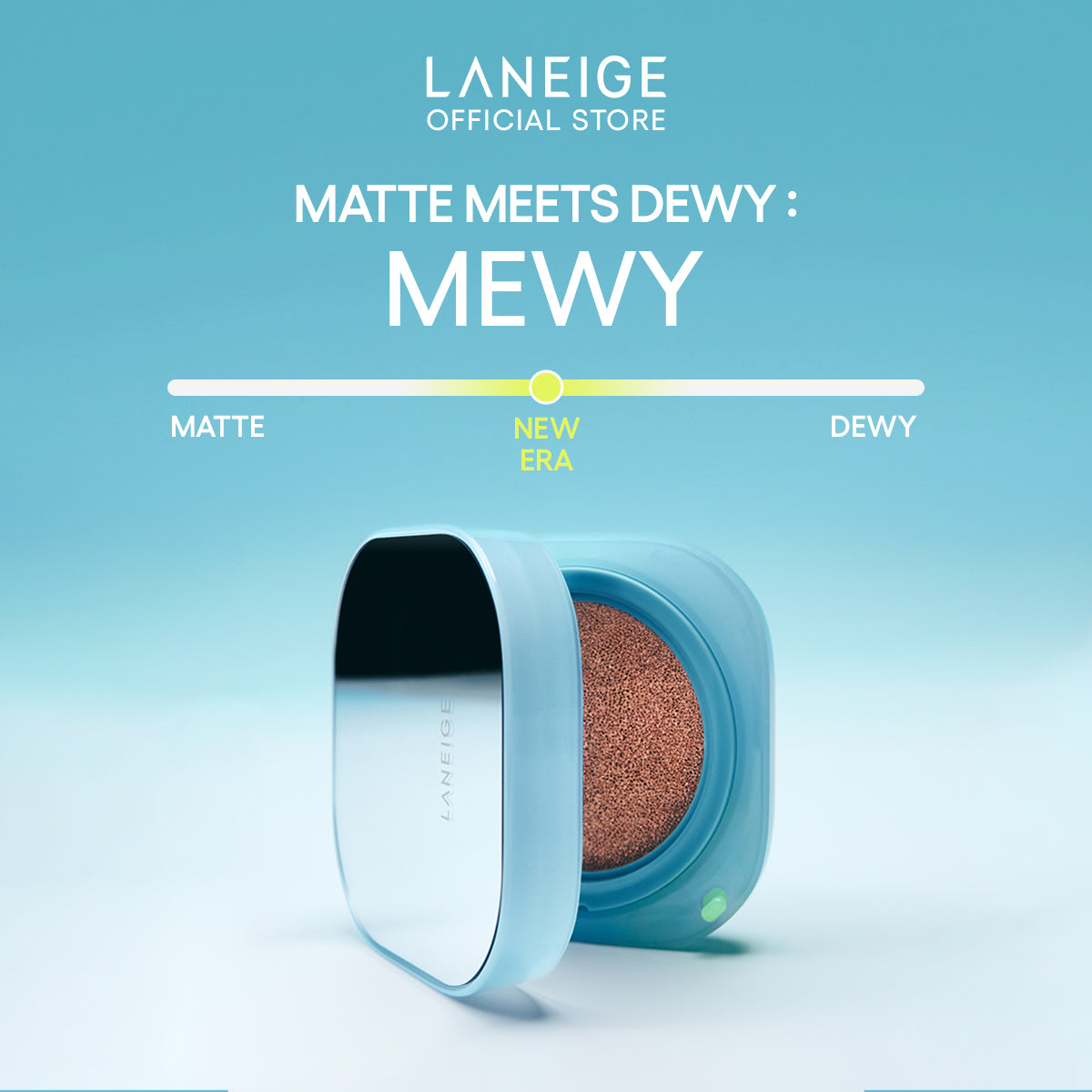 A pale blue Laneige Neo Cushion Mewy refill case, partially open to reveal a brown cushion puff, showcases the product's matte-yet-dewy finish, representing the "new era" in foundation technology.