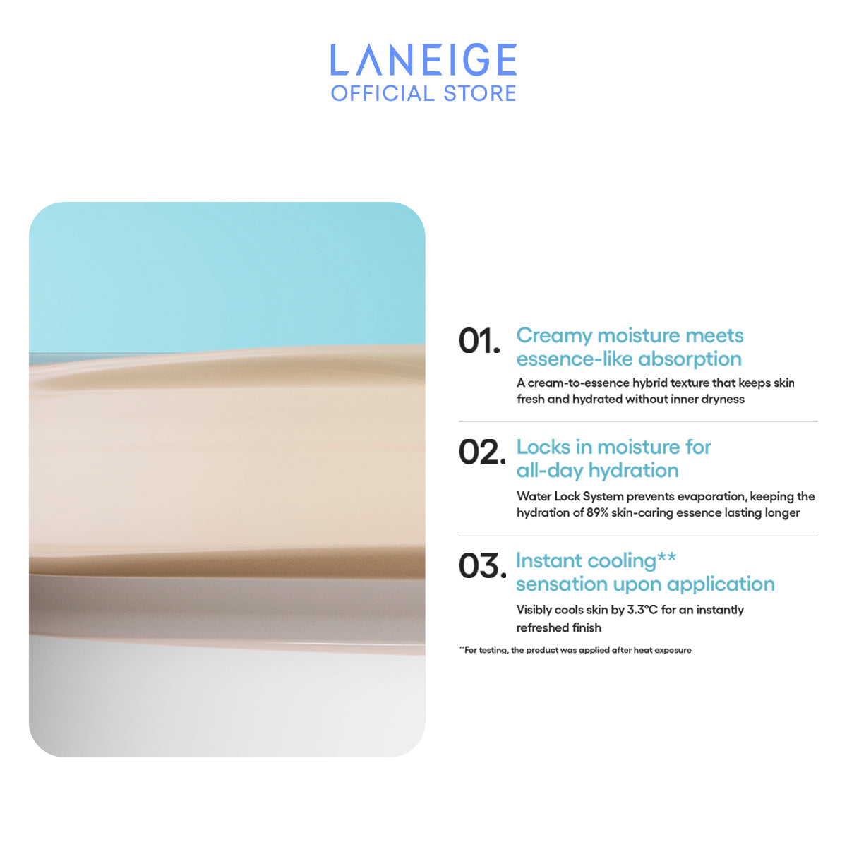 A swatch of creamy beige foundation seamlessly blends into a lighter beige, showcasing the Laneige Neo Cushion Mewy Refill's smooth, hydrating texture and its ability to provide all-day hydration.