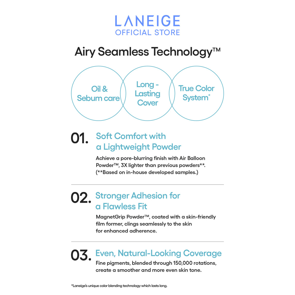 Three interconnected circles illustrate the Laneige Neo Cushion's Airy Seamless Technology™, showcasing its oil and sebum care, long-lasting coverage, and true color system, highlighting the lightweight powder's pore-blurring finish for a flawless, natural look.