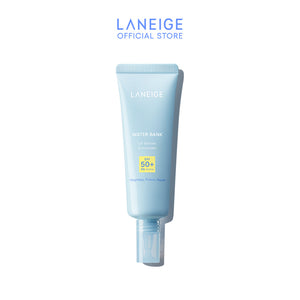 A light blue tube of Laneige Water Bank UV Barrier Sunscreen SPF 50+ PA++++ stands upright, showcasing its weightless formula designed to protect and repair skin.