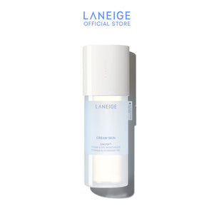 A bottle of Laneige Cream Skin Zincpeptide™ 2-in-1 Toner & Gel Moisturizer is shown, showcasing its sleek design and the product name clearly visible on the label, highlighting its dual function as both a toner and moisturizer.