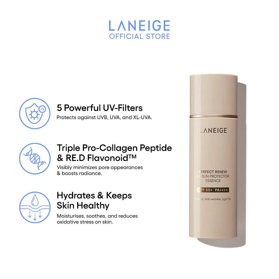 Feature summary of Laneige 5D Sun Protector Essence highlighting UV filters, peptides, and hydration for healthy, radiant skin.
