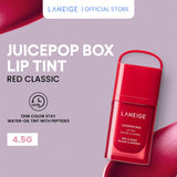 (NEW LAUNCH ) LANEIGE Juicepop Box Lip Tint 4.5g (Select from 8 Shades) - 12hr Color Stay Water-Oil Tint with Peptides Polypeptide, Ceramides