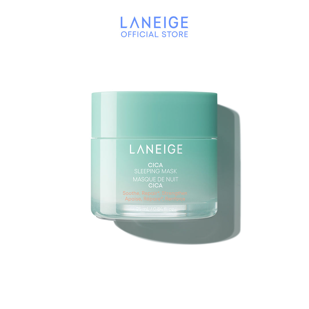 A jar of Laneige Cica Sleeping Mask, showcasing its soothing teal hue and promising overnight skin repair and strengthening.