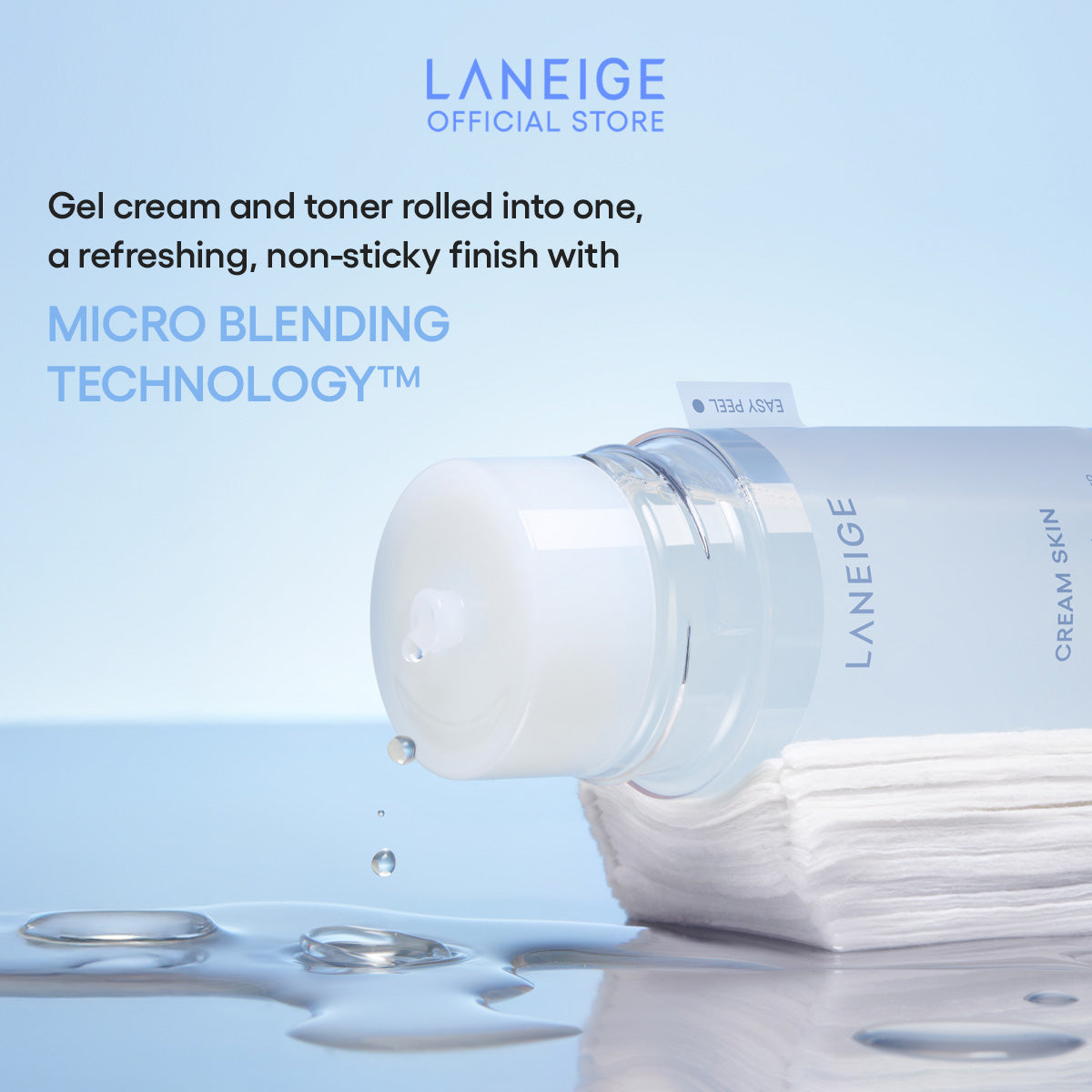Laneige Cream Skin Zincpeptide 2-in-1 Toner & Gel Moisturizer dispenses a clear, hydrating gel, demonstrating its refreshing, non-sticky texture and Micro-Blending Technology.