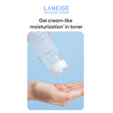 A hand gently receives Laneige's Cream Skin Zincpeptide 2-in-1 Toner & Gel Moisturizer, showcasing its gel-cream-like texture and demonstrating its effortless application for hydrating, oil-control benefits.