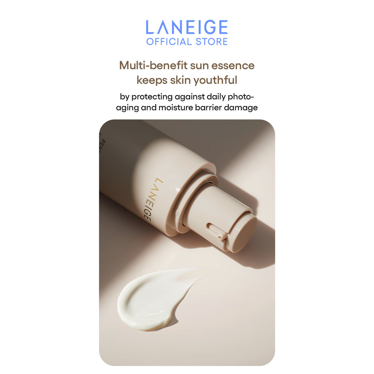 Close-up of the creamy texture and pump of Laneige sun essence, showing smooth application for anti-aging and barrier protection.
