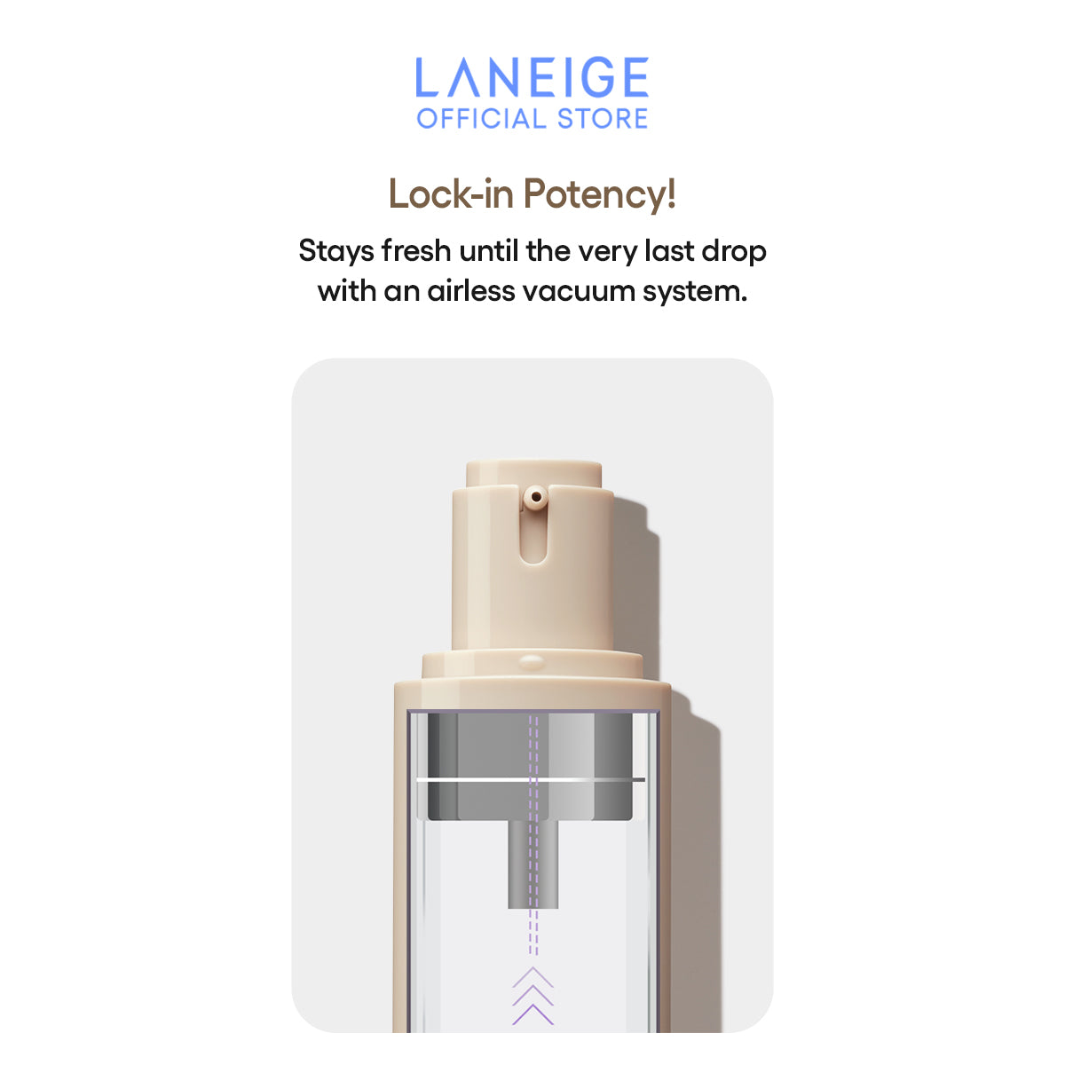 Cutaway view of Laneige pump packaging demonstrating airless vacuum system that keeps the formula fresh to the last drop.