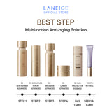 Laneige’s full anti-aging skincare lineup featuring Perfect Renew 5D Sun Protector Essence and Youth Retinol in a complete step-by-step routine.
