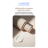 Close-up of the creamy texture and pump of Laneige sun essence, showing smooth application for anti-aging and barrier protection.
