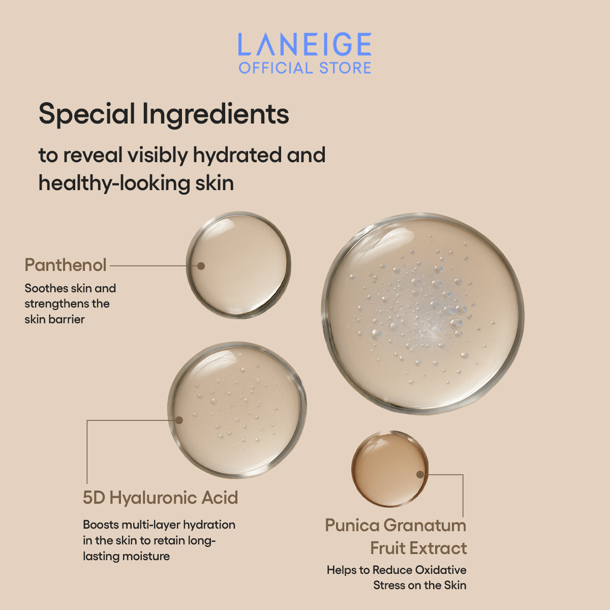 Close-up of hydrating ingredients like panthenol and hyaluronic acid in Laneige sun essence that soothe and fortify the skin barrier.