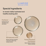 Close-up of hydrating ingredients like panthenol and hyaluronic acid in Laneige sun essence that soothe and fortify the skin barrier.