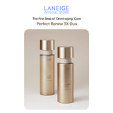 Sleek gold-toned bottle of Laneige Perfect Renew 3X Skin Emulsion standing upright on neutral background.
