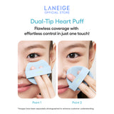 Two close-up images show a person using the Laneige Neo Cushion Mewy's dual-tip heart puff to achieve flawless coverage with effortless control in a single touch, demonstrating its application technique for optimal results.