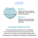 A dual-tipped, heart-shaped makeup puff, featuring the Laneige logo, is shown, illustrating how its unique design allows for seamless application of the Neo Cushion foundation to both broad and narrow facial areas for a flawless finish.