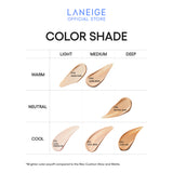 Swatches of Laneige Neo Cushion Mewy Refill in various shades, organized by undertone (warm, neutral, cool) and depth (light, medium, deep), showcasing the foundation's diverse color options for a flawless complexion.