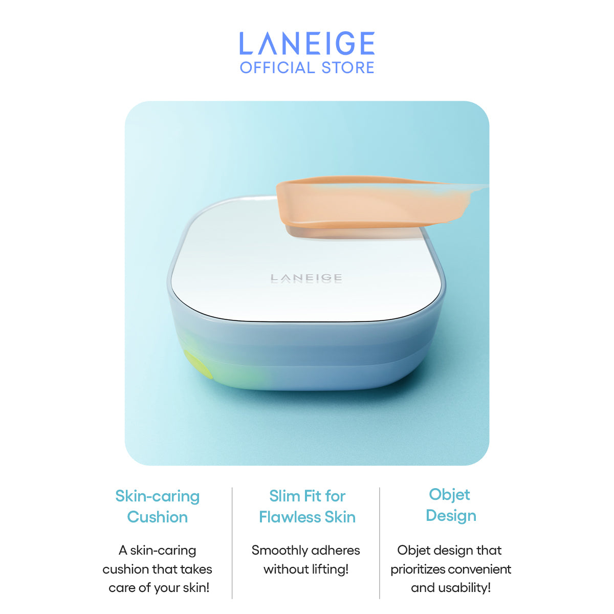 A pale beige swatch of Laneige Neo Cushion Mewy foundation is delicately swiped across the compact's mirrored surface, showcasing its smooth application and the product's ability to deliver a flawless, 24-hour complexion.