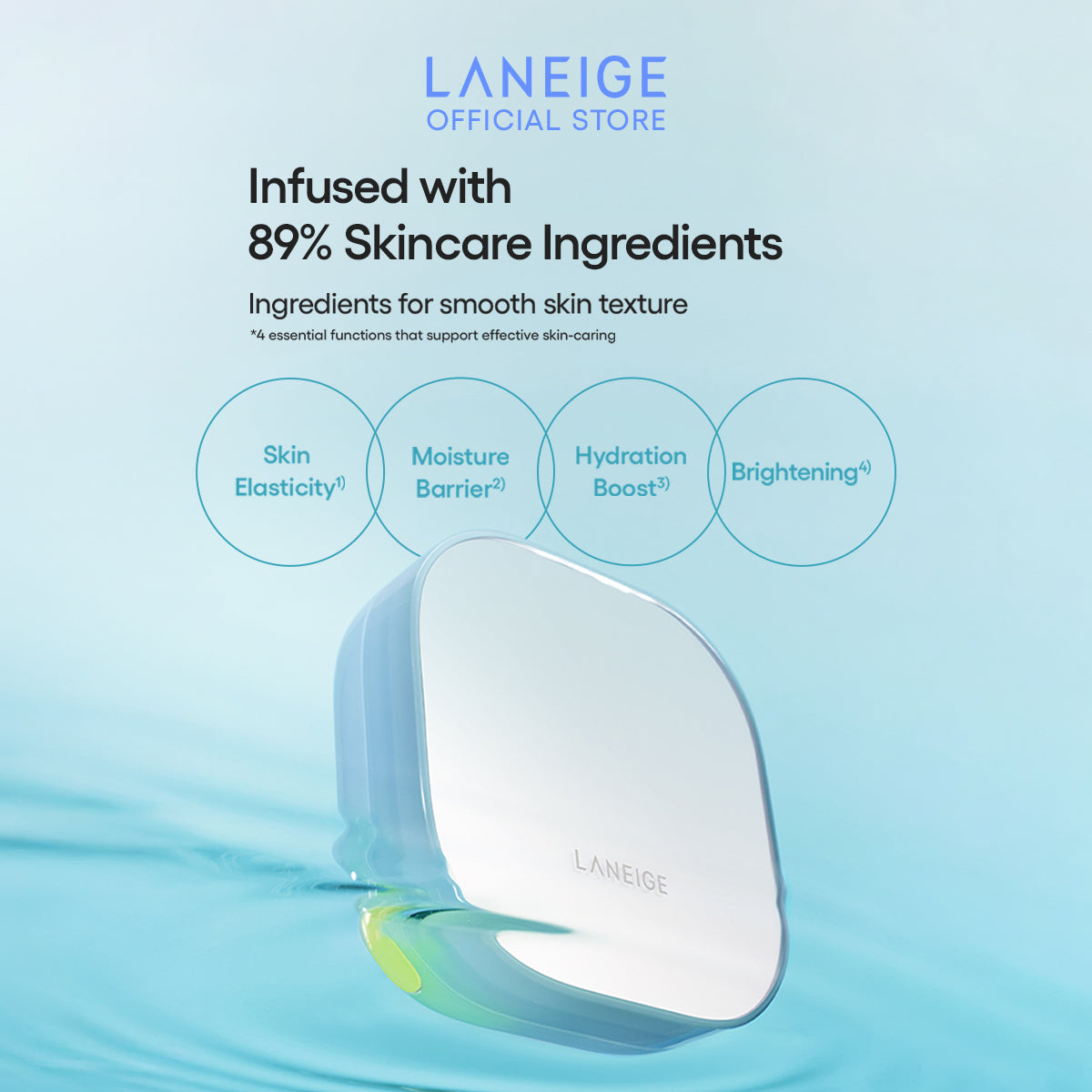 A Laneige Neo Cushion Mewy refill, partially submerged in water, showcases its sleek design and highlights the product's key features: skin elasticity, moisture barrier, hydration boost, and brightening effects, all stemming from its 89% skincare ingredient formulation.