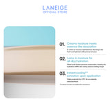 A swatch of creamy beige foundation seamlessly blends into a lighter beige, showcasing the Laneige Neo Cushion Mewy Refill's smooth, hydrating texture and its ability to provide all-day hydration.