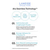 Three interconnected circles illustrate the Laneige Neo Cushion's Airy Seamless Technology™, showcasing its oil and sebum care, long-lasting coverage, and true color system, highlighting the lightweight powder's pore-blurring finish for a flawless, natural look.