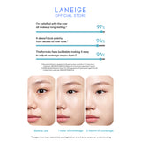 Close-up before-and-after shots show a woman's face with increasing coverage of Laneige NEO Cushion Matte, demonstrating buildable coverage and a flawless complexion.