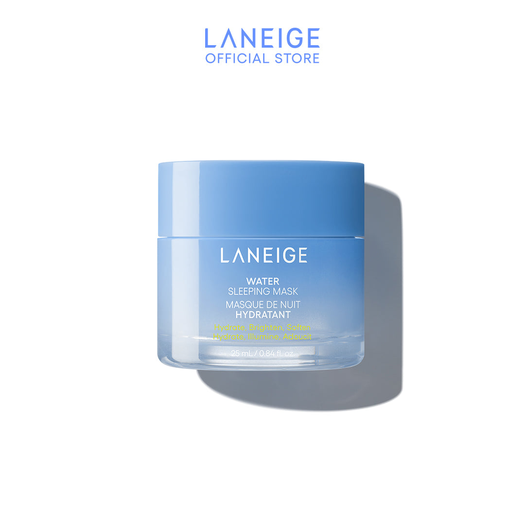 A jar of Laneige Water Sleeping Mask sits prominently displayed, its light blue packaging clearly showing the product name and promise of hydration, brightening, and softening skin for a well-rested complexion.